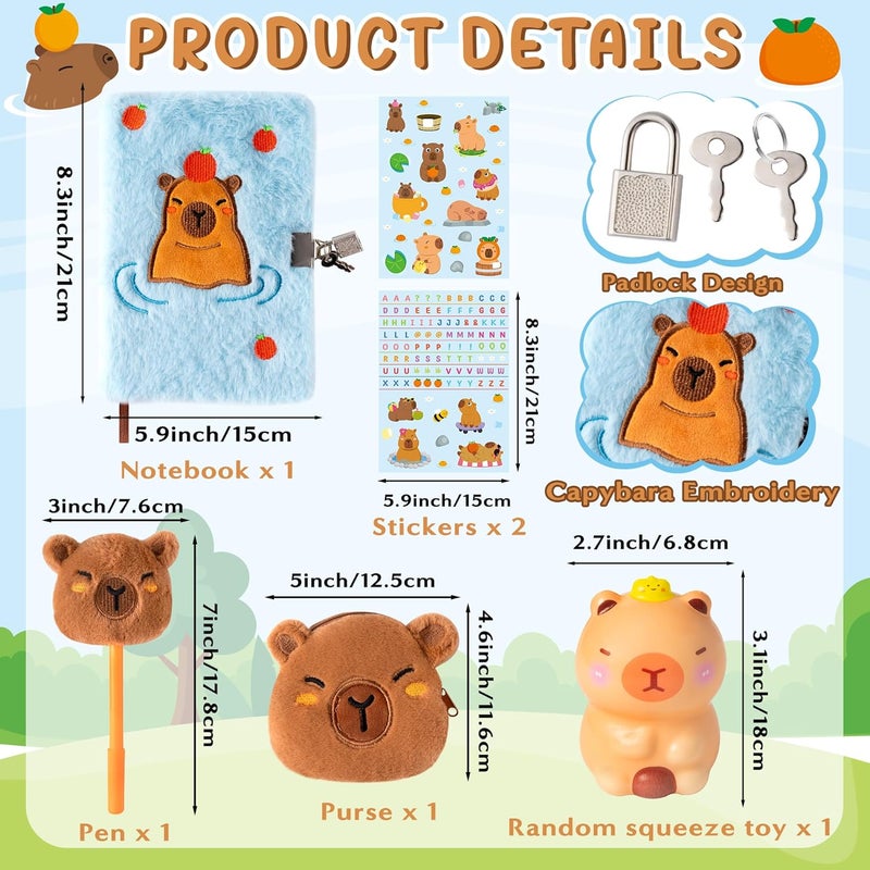 CY2SIDE 6PCS Capybara Diary with Lock and Keys for Kids, Fun Animal Plush Secret Journal Diary Journal Set with Notebook Pen Sticker Squeeze Toy and Purse, Idea Birthday Velentines Gift for Teen Girls - Image 2